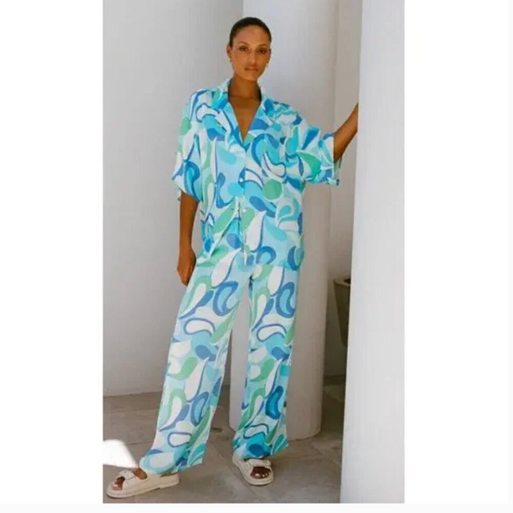 Sabo Skirt Blue Green Abstract Print Wide-Leg Pants